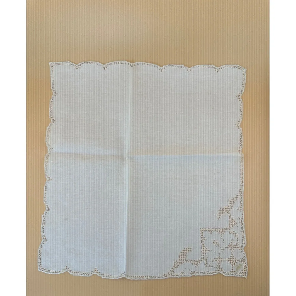 Vintage 1940s Pure Linen Tablecloth Napkins Set NOS Lace Floral White 7pc Set